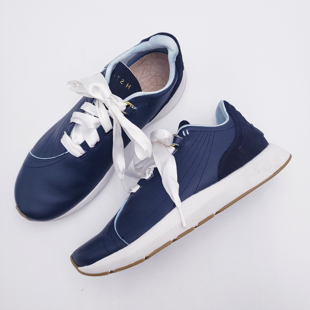 Saysh‎ Two Sneakers Navy Blue Leather Lace Up Shoes Comfort Ribbon Laces Women's